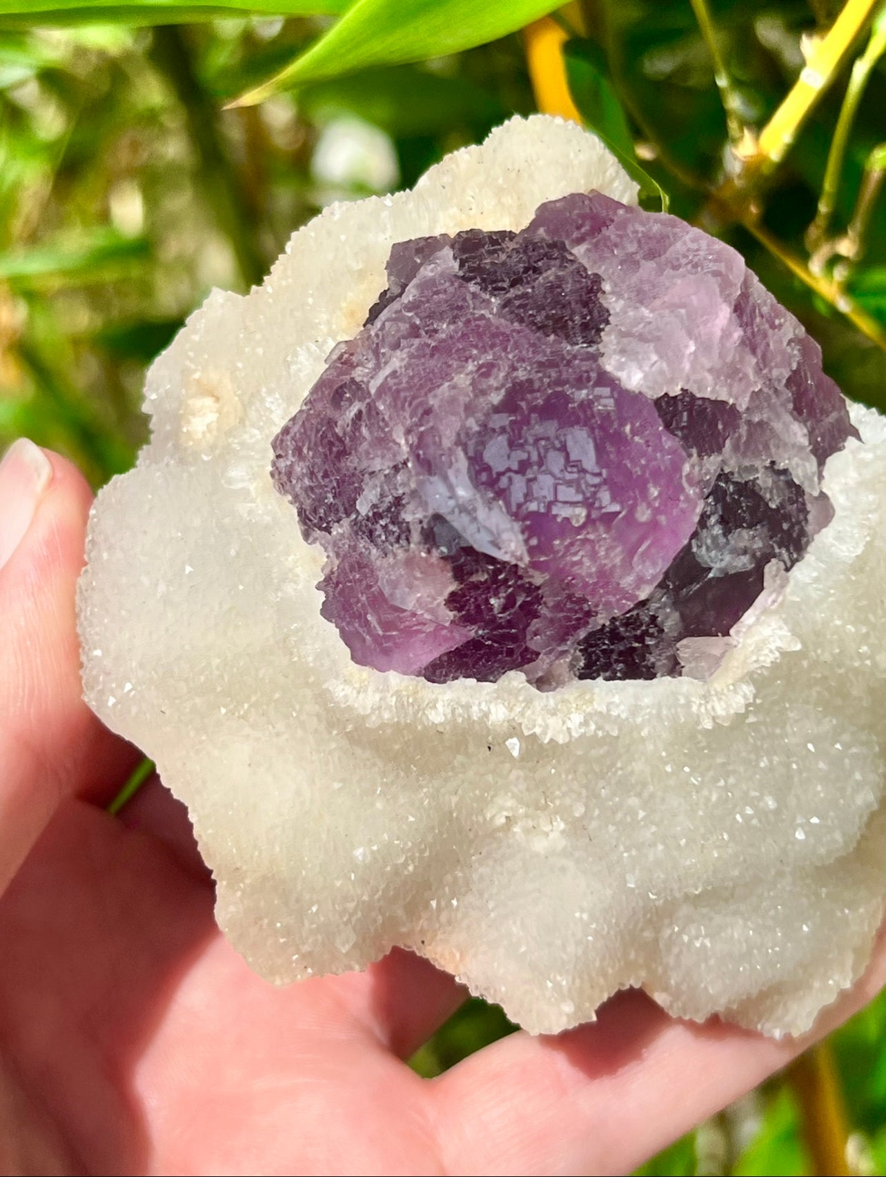 Purple fluorite with sugar calcite specimen
