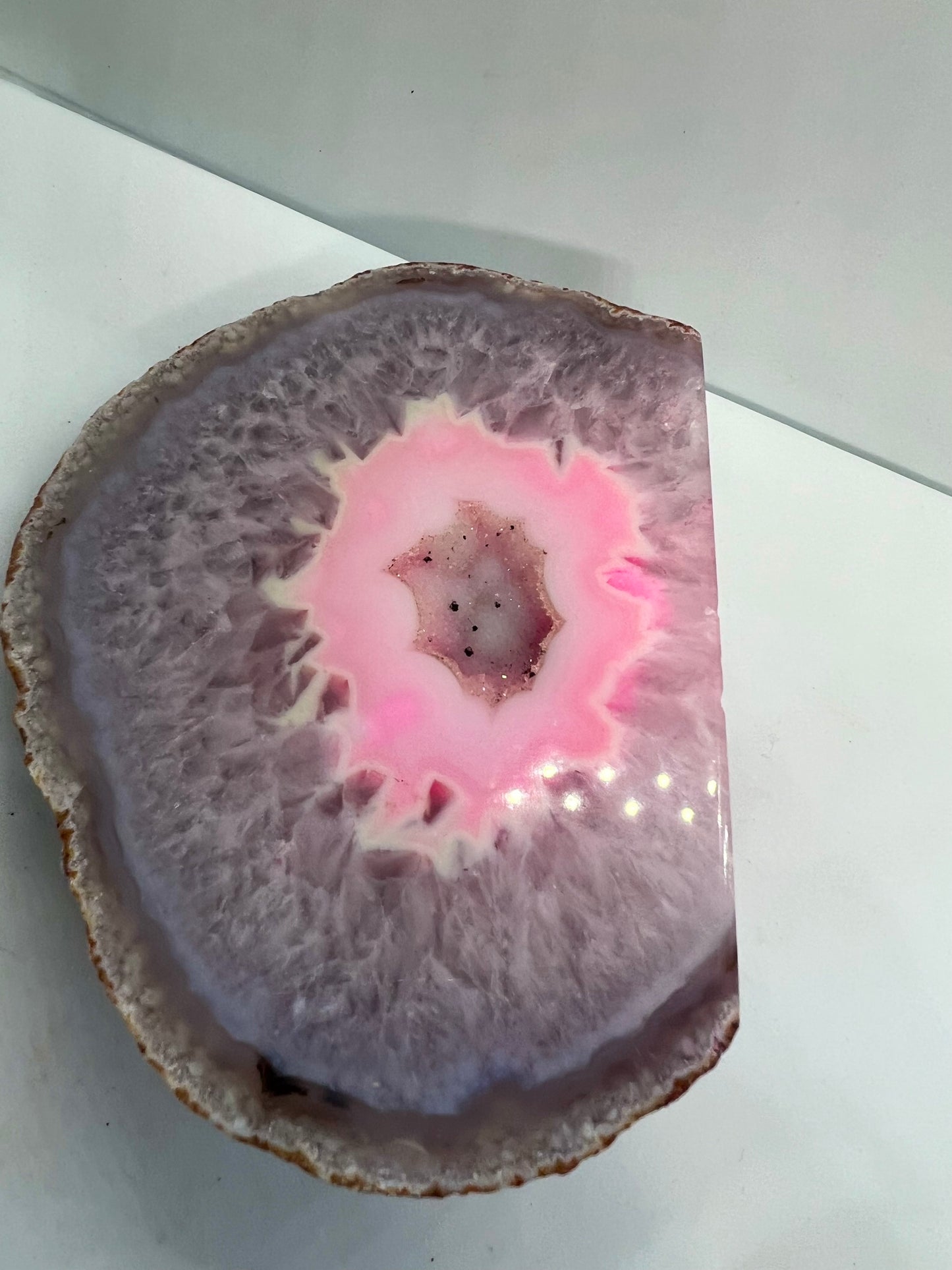 Beautiful pink free standing agate geode