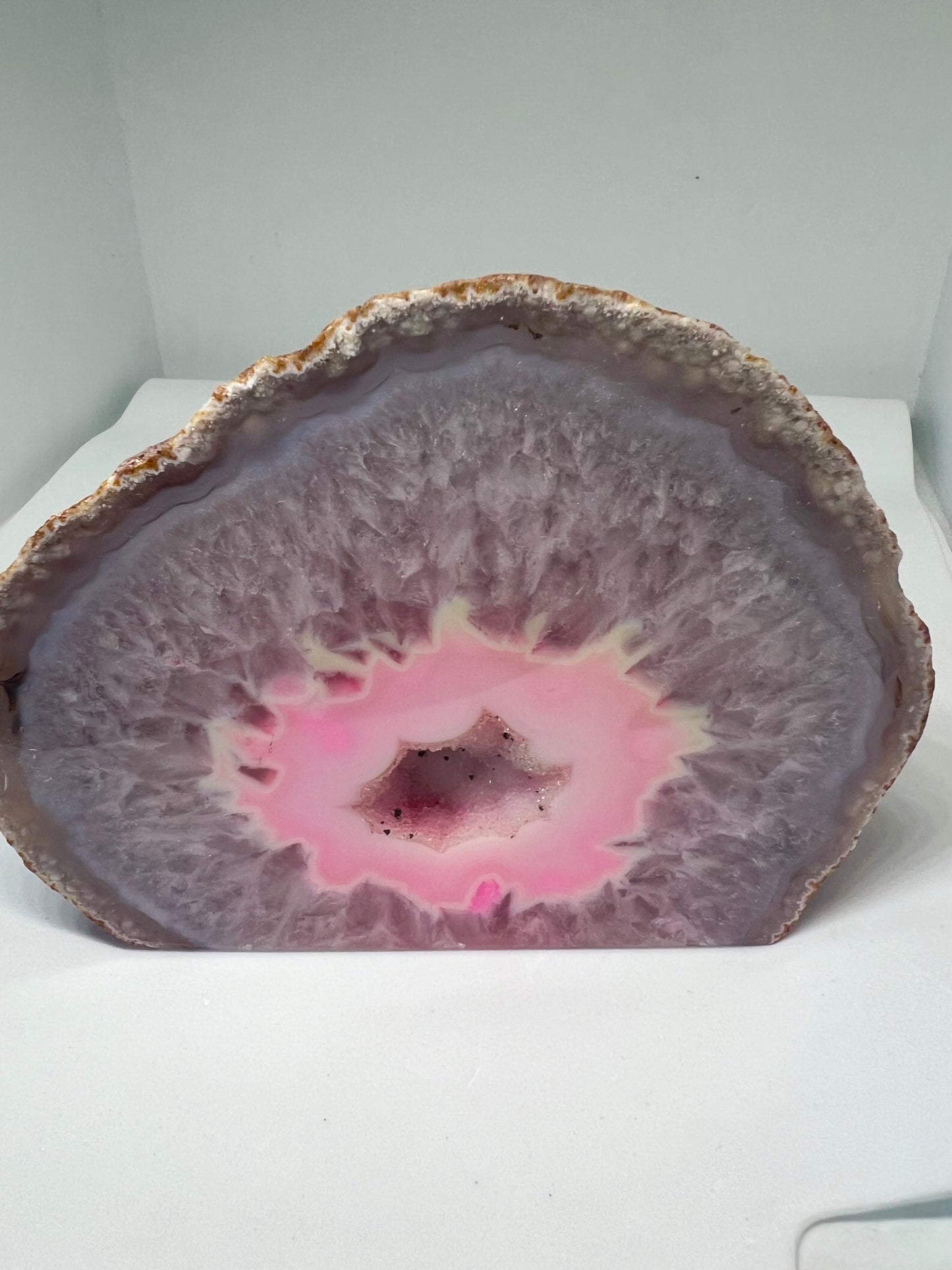 Beautiful pink free standing agate geode