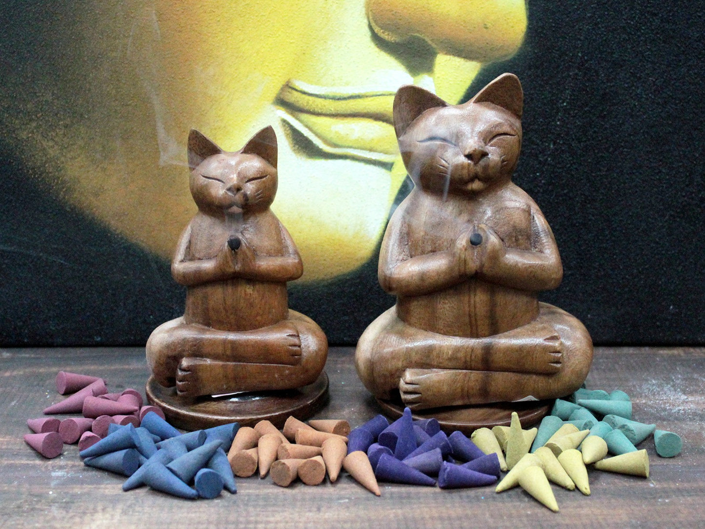 Wooden Carved Incense Burners - Large Yoga Cat