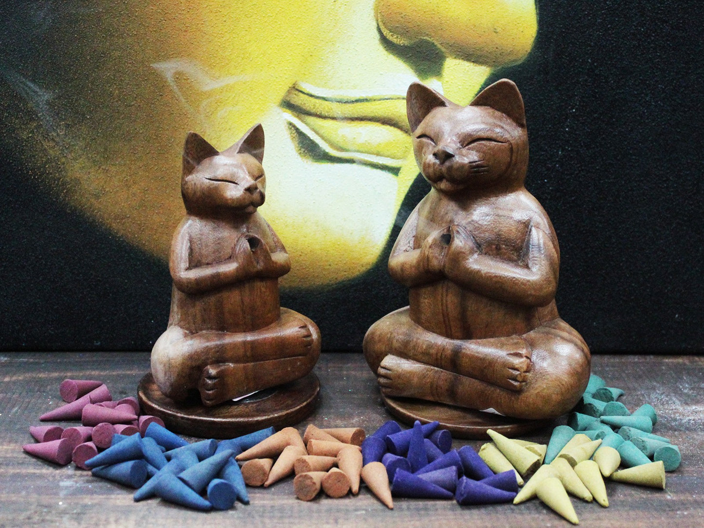 Wooden Carved Incense Burners - Large Yoga Cat