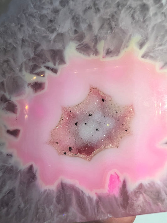 Beautiful pink free standing agate geode